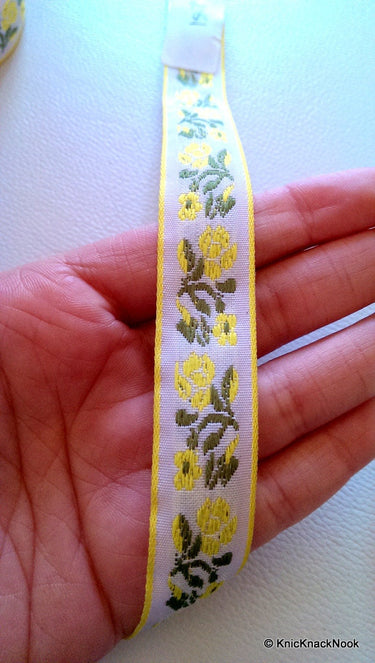Wholesale White Cotton Trim With Yellow Roses 9 Yards Lace 21mm Wide, Giftwrapping Ribbon, Craft Trim Indian Jacquard Trimming